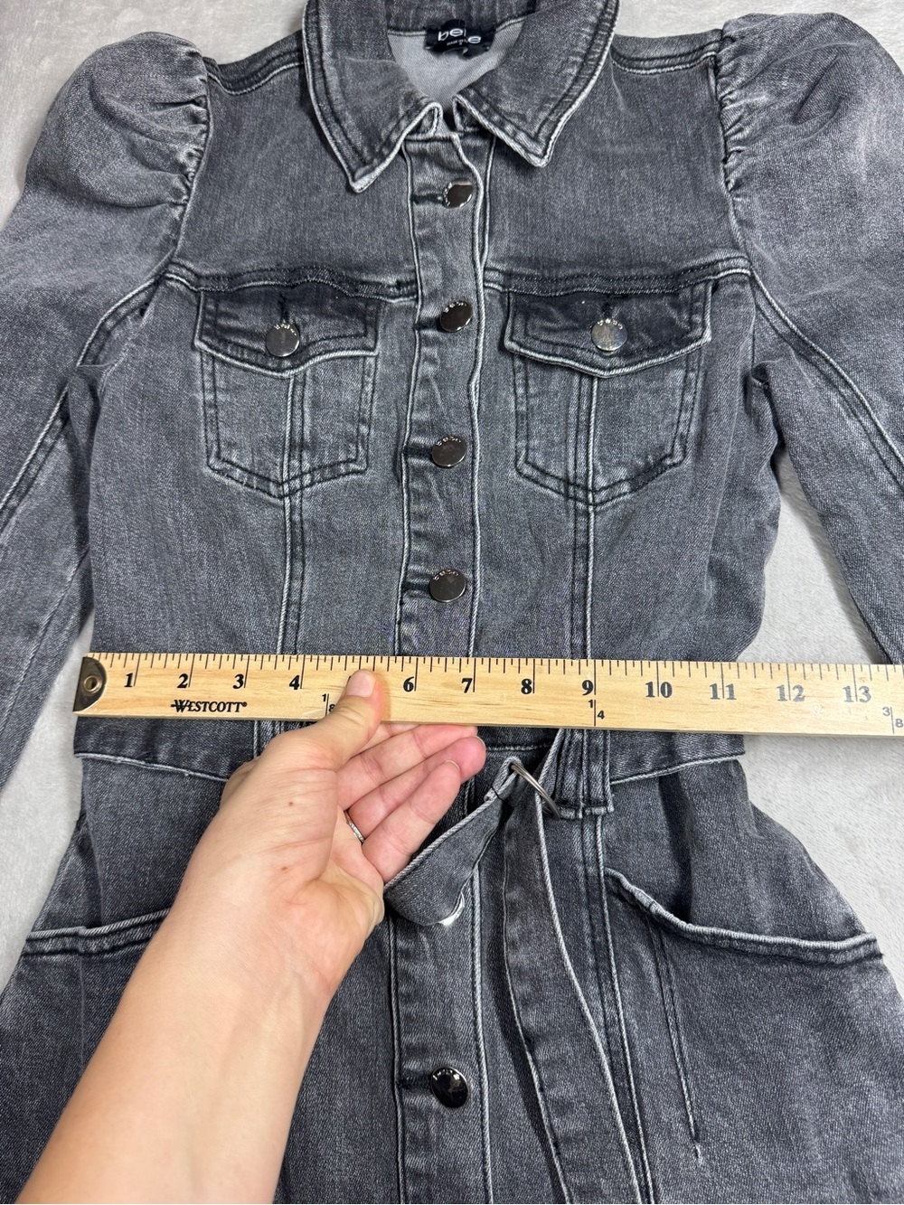 Bebe Puff Sleeves Faded Black Denim Jean Buttoned Belted Mini Dress Size 2 - Picture 9 of 16